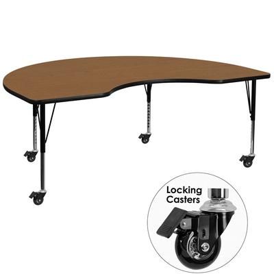 Flash Furniture XU-A4896-KIDNY-OAK-T-P-CAS-GG Kidney Shaped Mobile Activity Table - 96"L x 48"W, Laminate Top, Oak, Brown