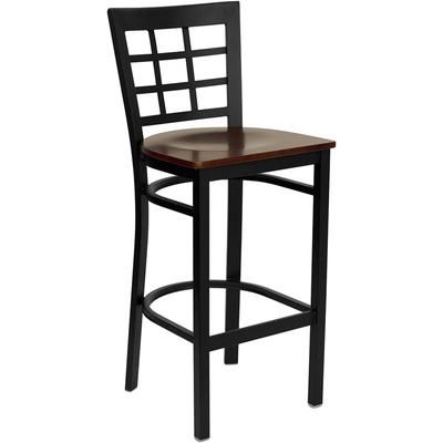 Flash Furniture XU-DG6R7BWIN-BAR-MAHW-GG Commercial Bar Stool w/ Metal Window Pane Back & Mahogany Wood Seat, Black