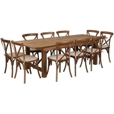 Flash Furniture XA-FARM-13-GG Rectangular Folding Farm Table & 10 Chair Set - 96"W x 40"D x 30"H, Plank Top, Pine Base