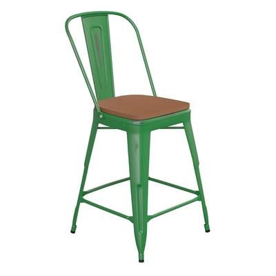 Flash Furniture ET-3534-24-GN-PL1T-GG Counter Height Commercial Bar Stool w/ Curved Back & 24" Wood Seat, Green