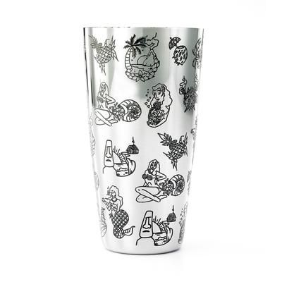 Barfly M37092 28 oz Bar Cocktail Shaker w/ Tiki Etched Designs, Mirror Finish, Silver