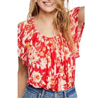 Free People Tops | Free People Baja Babe Red Floral Flowy Tie Open Back Blouse Gathered Top L | Color: Red/Yellow | Size: L