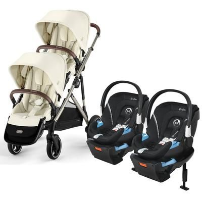 Cybex Gazelle S 2 Twin Double Stroller + Aton 2 Travel System Bundle - Taupe Frame / Seashell Beige