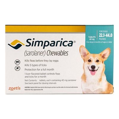 Simparica Oral Flea & Tick Preventive For Dogs 22.1-44 Lbs (Blue) 6 Doses