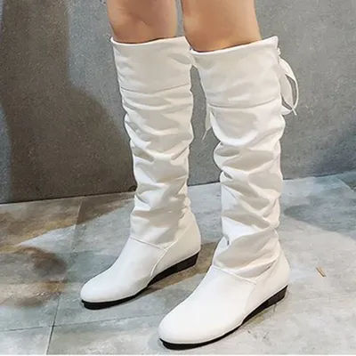 Chaussures pour femmes 2022 printemps genou bottes hautes rouge noir blanc bottes hautes femme plissé talon bas décontracté en cuir femme chaussures longues