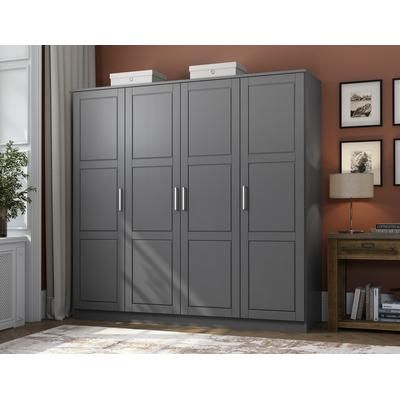 100% Solid Wood Cosmo 4-Door Wardrobe with Raised Panel Doors, Gray. No Shelves Included - Palace Imports 7305D