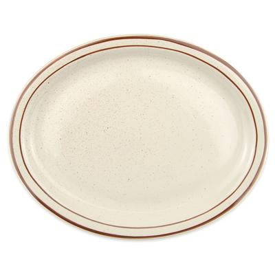Libbey DSD-14 13 1/4" x 10 1/8" Oval Desert Sand Platter - Speckled, 2 Brown Bands, White, 1 Dozen