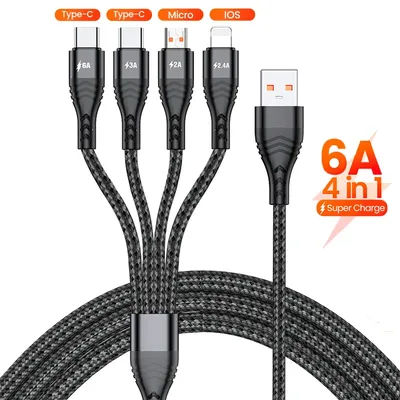 Câble de charge rapide USB Type C 4 en 1 iPhone 14 13 12 11 Pro Max Nylon Snap66 W 3 en 1 2