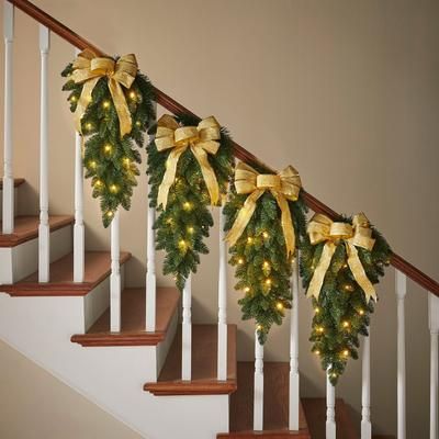 Pre-Lit Swags with Plaid Bows, set of 4 by BrylaneHome in Gold Christmas Decoration