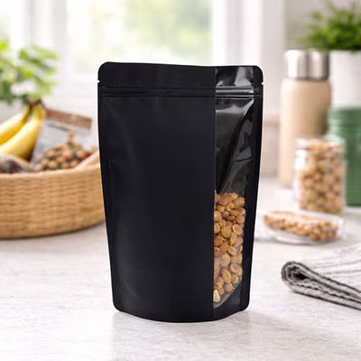 Matte Black Stand Up Zipper Pouch w/ Vertical Window 6 3/4" x 3 1/2" x 11 1/4" 100 pack
