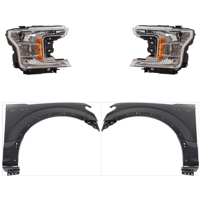 2020 Ford F-150 4-Piece Kit Driver and Passenger Side Headlights with Fenders, with Bulbs, Halogen