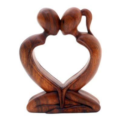 'Kiss Me Quick!' - Handcrafted Indonesian Romantic Wood Sculpture