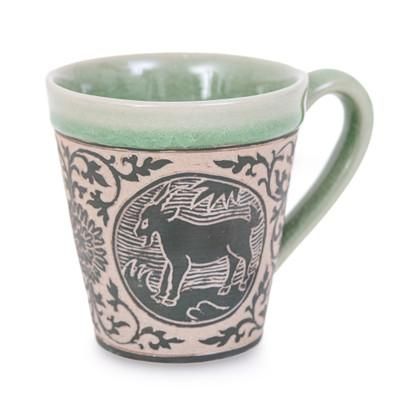 Thai Zodiac Goat,'Celadon Glazed Ceramic Mug with Goat from Thailand'