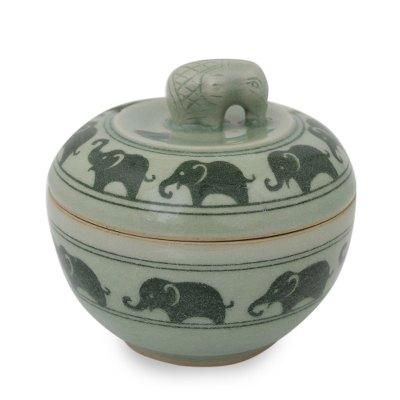 Celadon ceramic box, 'Elephants on Parade'