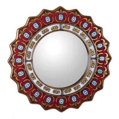Ruby Medallion,'Red Reverse-Painted Glass Wall Mirror from Peru'
