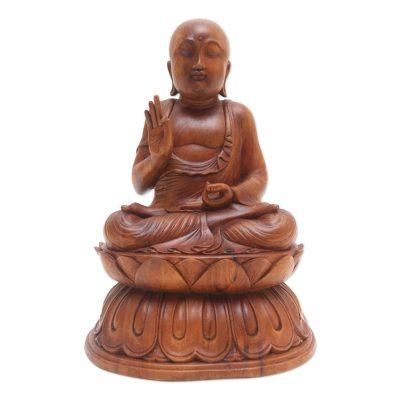 Meditation Lotus,'Meditating Suar Wood Buddha Sculpture'