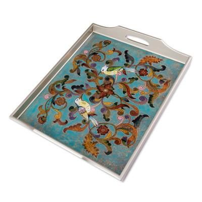Mystic Flora,'Rectangular Reverse-Painted Glass Tray from Peru'