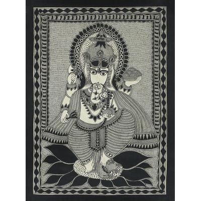 Ganesha's Feast,'Freehand India Madhubani Folk Art Painting in Grey and Black'