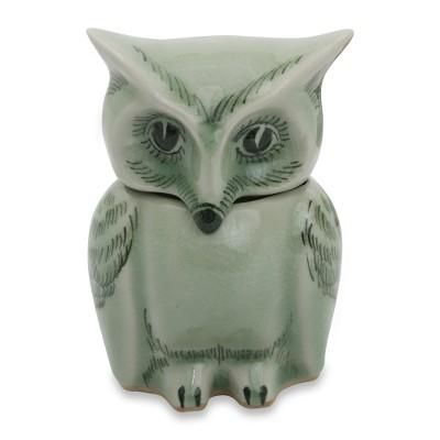 Celadon ceramic jar, 'Happy Green Owl'