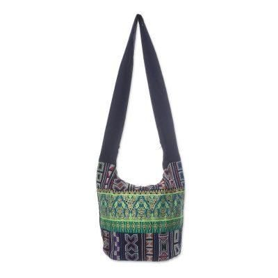 'Black and Multi-Color Patterned Cotton Blend Shoulder Bag'