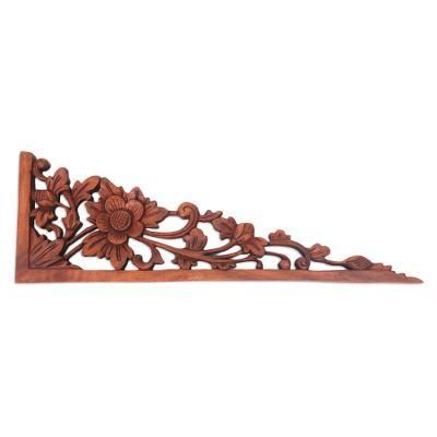 Lotus Tendrils,'Balinese Hand Carved Lotus Blossom Wood Relief Panel'
