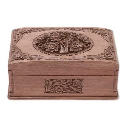 Walnut jewelry box, 'Hypnotic Tree' - Floral Carved Wood Jewelry Box