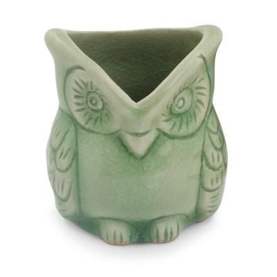 Celadon ceramic toothpick holder, 'Happy Green Owl'
