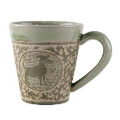 Thai Zodiac Dog,'Celadon Glazed Ceramic Mug with Dog from Thailand'