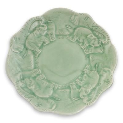 Celadon ceramic plate, 'Elephant Family'