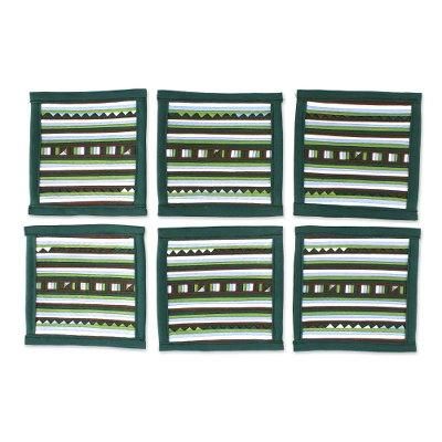 Lively Lahu in Emerald,'Striped Green Blue Brown Cotton Blend Coasters (Set of 6)'