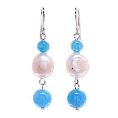 Electric Ocean,'Cultured Freshwater Pearl and Quartz Dangle Earrings'