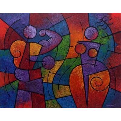 Man and Woman,'Cubist Abstract Portrait of a Couple in Jewel Colors'