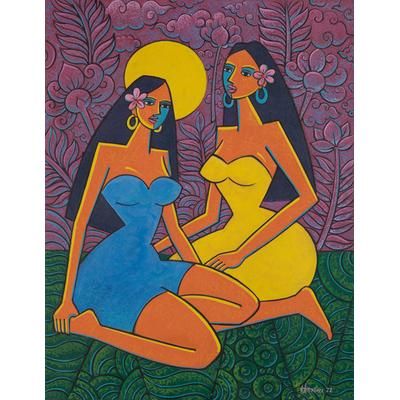 Twin Women,'Signed Floral Expressionist and Cubist Acrylic Painting'