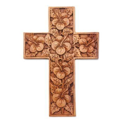 Mahogany cross, 'Hibiscus' - Mahogany Wood Cross Sculpture