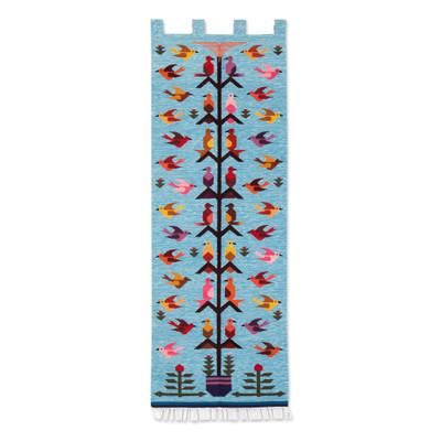 'Handwoven Bird-Themed Blue Wool and Cotton Blend Tapestry'
