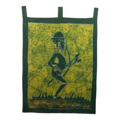 Mystic Mamfe Hunter in Moss,'Batik Cotton Wall Hanging of an African Hunter in Moss'