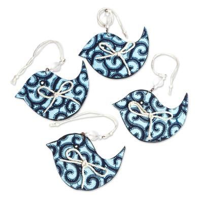 Blue Loofolo,'Set of 4 Handcrafted Blue Cotton Bird Ornaments from Ghana'