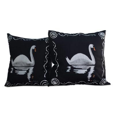 Swan Song in Black,'Black Cotton Swan-Motif Cushion Covers (Pair)'