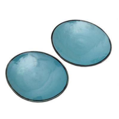 Sky Blue Ellipses,'Elliptical Ceramic Plates in Sky Blue from Bali (Pair)'