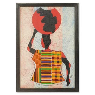 'Water Carrier' African Kente Cloth Collage Framed Oil Painting