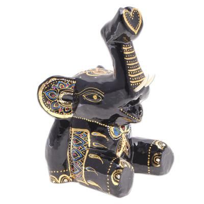 Trunk Up,'Lacquered Mango Wood Sculpture with Traditional Motifs'