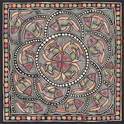 Fish Expedition,'Signed Madhubani Fish Painting from India'