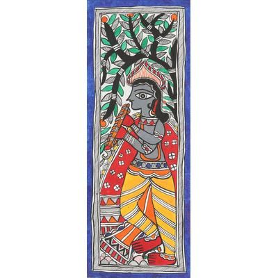 Majestic Krishna,'Signed Colorful Madhubani Painting of Krishna'