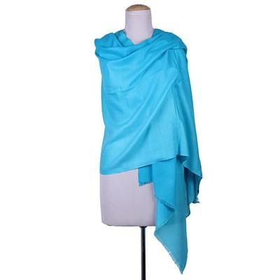 Biscay Bay,'Solid Textured Turquoise Wool Shawl from India'