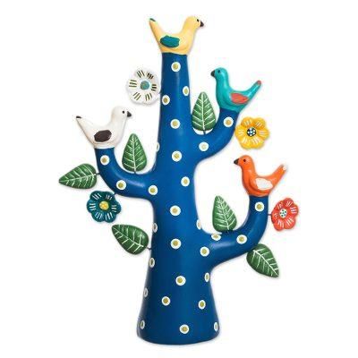 'Hand-Painted Ceramic Dove Tree Sculpture in Blue from Peru'
