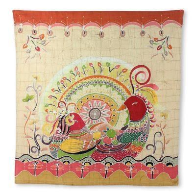 Cotton batik wall hanging, 'Amorous Geese'