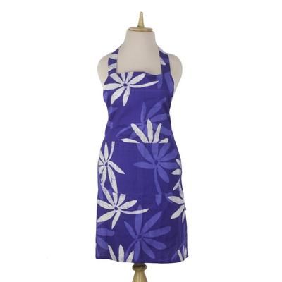 Kitchen Blossoms,'Handmade Floral Blue Batik Cotton Apron from West Africa'