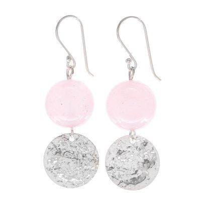 Shining Moon in Pink,'Hand Crafted Rose Quartz and Sterling Silver Dangle Earrings'