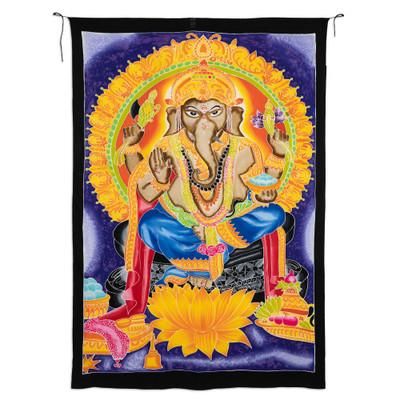 Ganesha Glow,'Ganesha-Themed Batik Rayon Wall Hanging from Bali'
