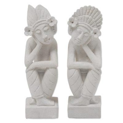 Jegeg and Bagus,'Pair of Hand Carved Sandstone Sculptures from Indonesia'